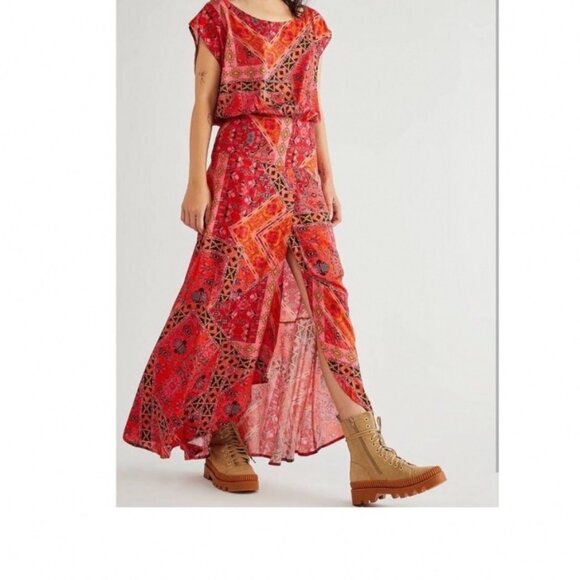 Free People Dresses & Skirts - Free People Blakely Maxi Dress In Red Motif LG Side Zipper Front Slit Geometric
